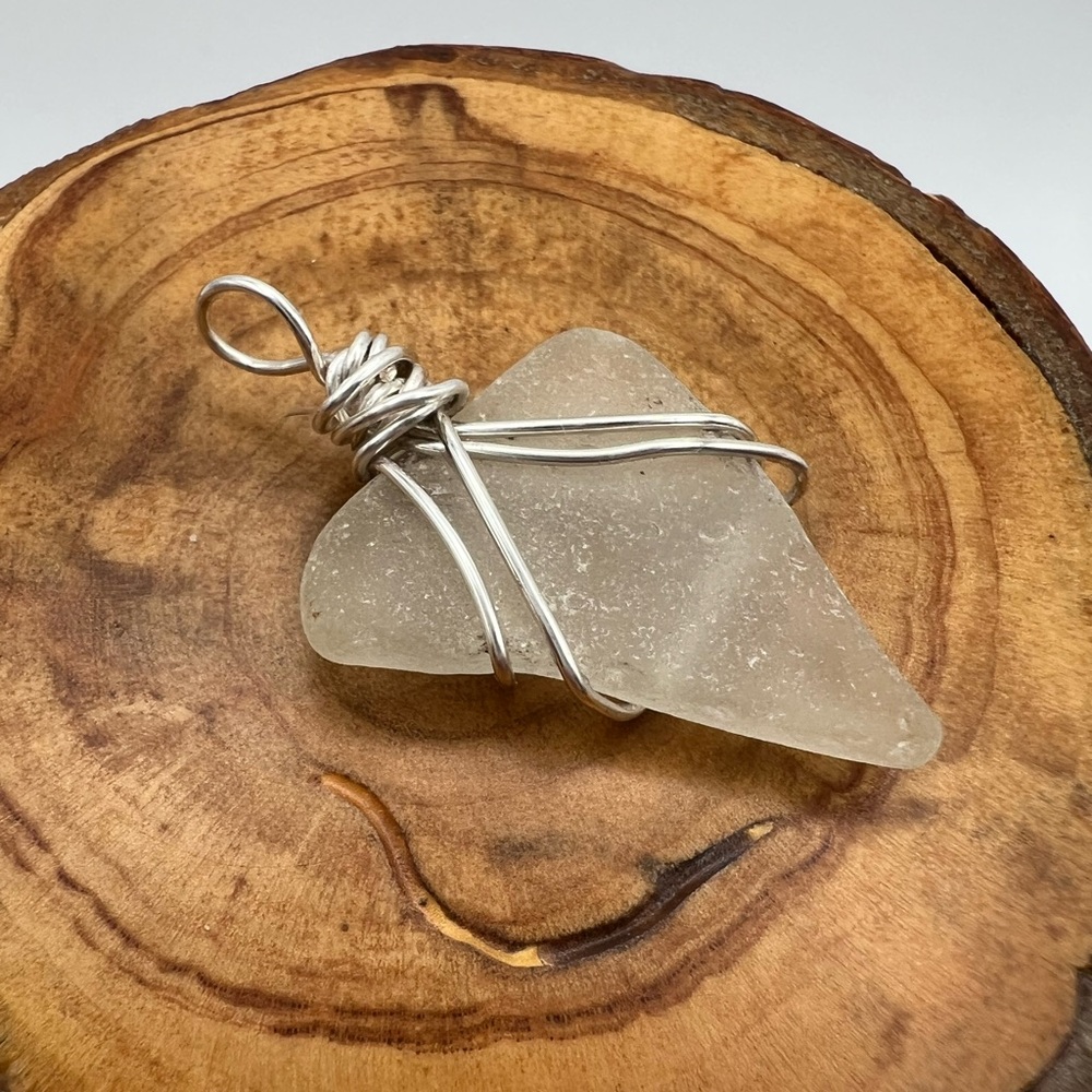 Sea Glass Pendant (Small) White/ Clear silver plated wire wrapped.